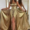 Homrain Glitter En A Line Backless Long Prom Dress With Slit | Gold Prom Dresses