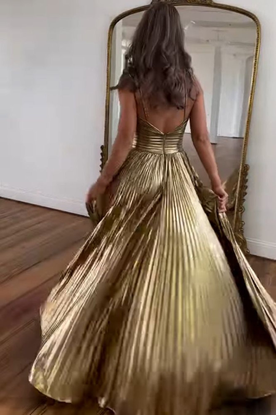 Homrain Glitter En A Line Backless Long Prom Dress With Slit | Gold Prom Dresses