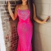 Homrain Sparkly Hot Pink Beaded Long Mermaid Backless Prom Dress | Hot Pink Prom Dresses