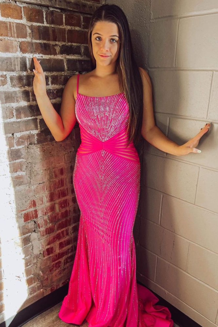 Homrain Sparkly Hot Pink Beaded Long Mermaid Backless Prom Dress | Hot Pink Prom Dresses