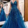 Homrain Glitter Lace A-Line Long Prom Dress | Blue Prom Dresses