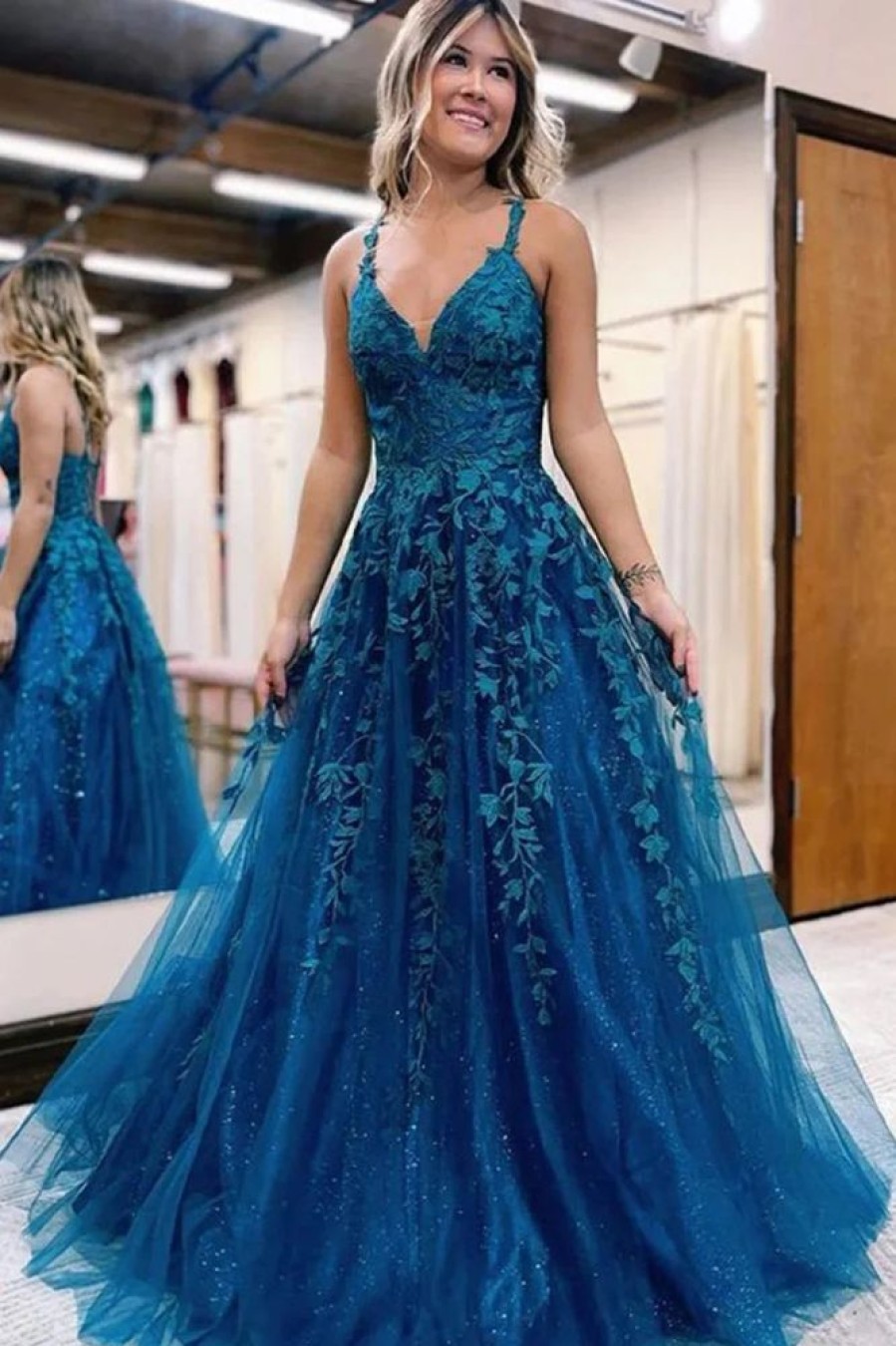 Homrain Glitter Lace A-Line Long Prom Dress | Blue Prom Dresses