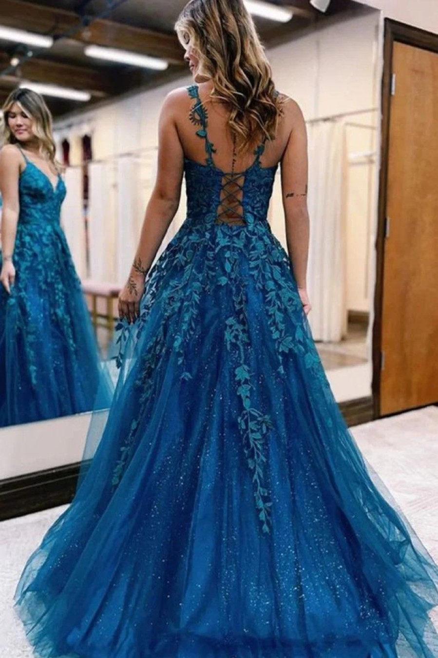 Homrain Glitter Lace A-Line Long Prom Dress | Blue Prom Dresses