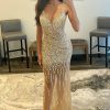 Homrain Beaded Backless Long Prom Dress | Gold Prom Dresses