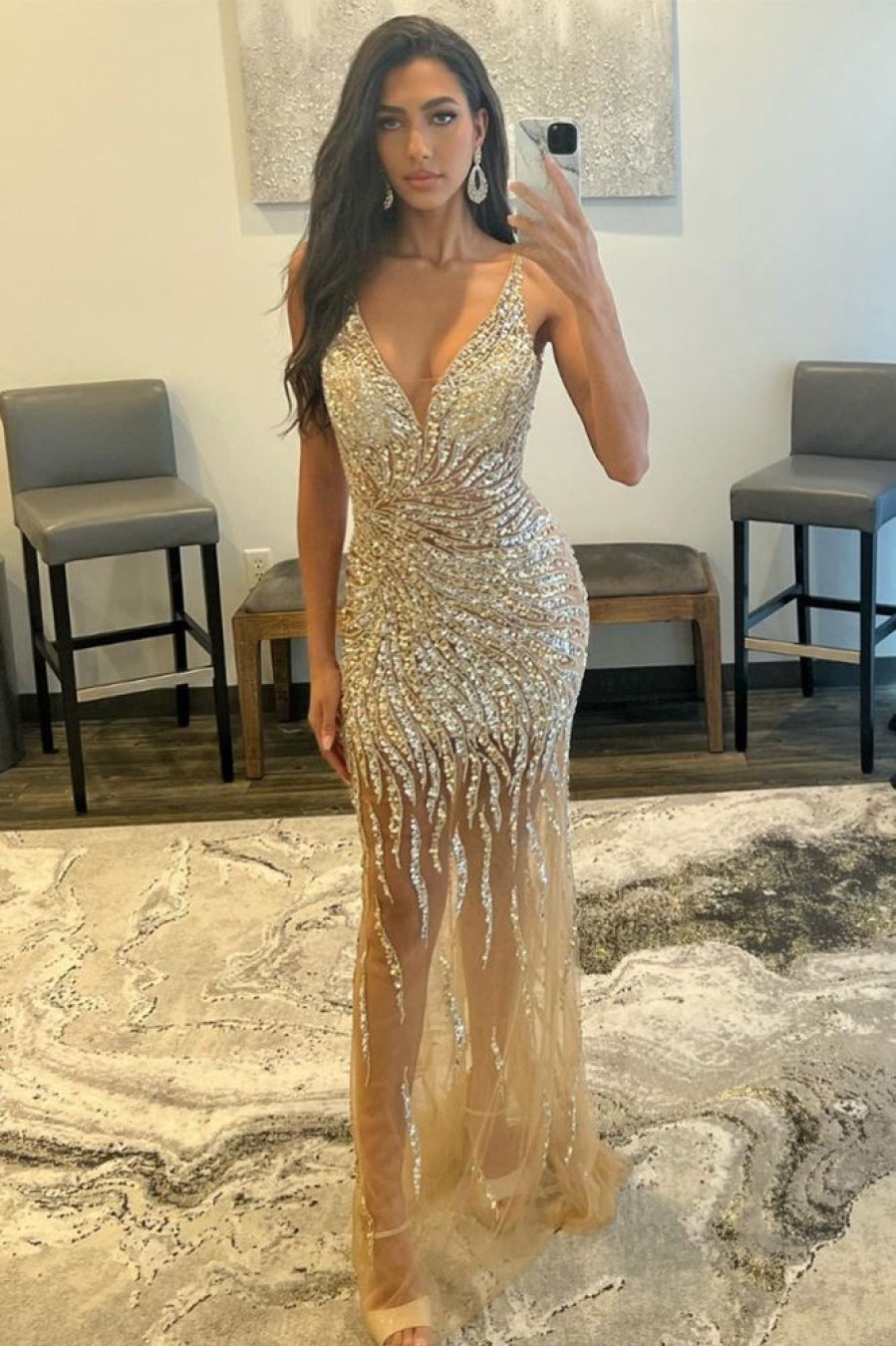 Homrain Beaded Backless Long Prom Dress | Gold Prom Dresses