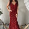 Homrain Deep V Neck Mermaid Sparkly Sequins Long Prom Dress | Red Prom Dresses