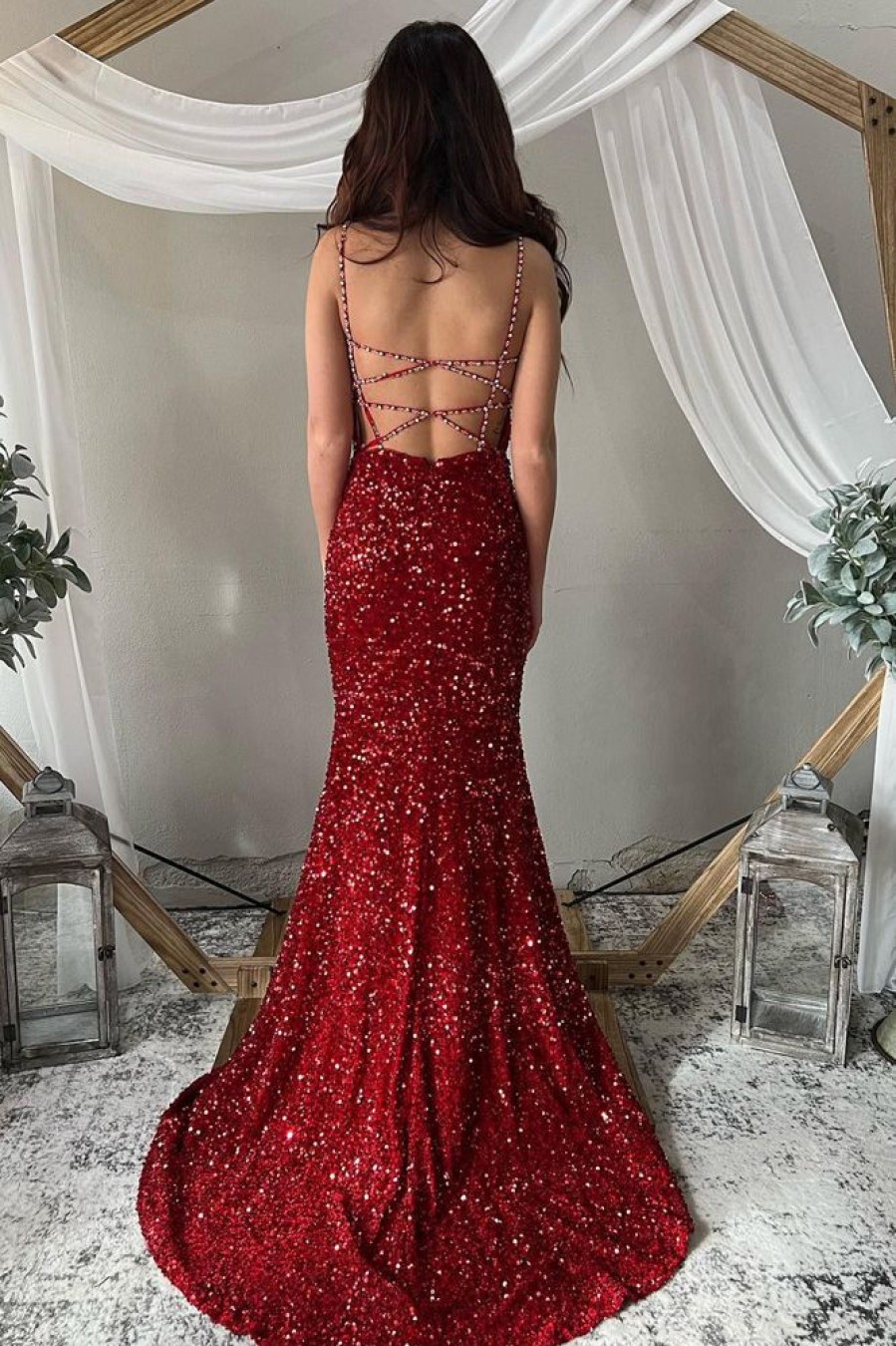 Homrain Deep V Neck Mermaid Sparkly Sequins Long Prom Dress | Red Prom Dresses