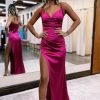 Homrain Hot Pink Satin V-Neck Simple Prom Dress With Slit | Hot Pink Prom Dresses