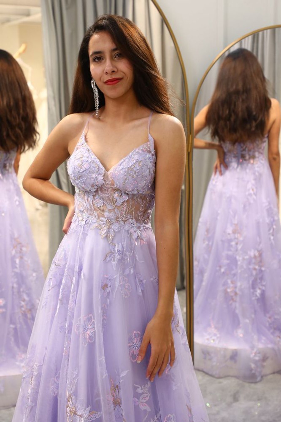 Homrain Elegant A Line Tulle Long Appliqued Prom Dress | Purple Prom Dresses