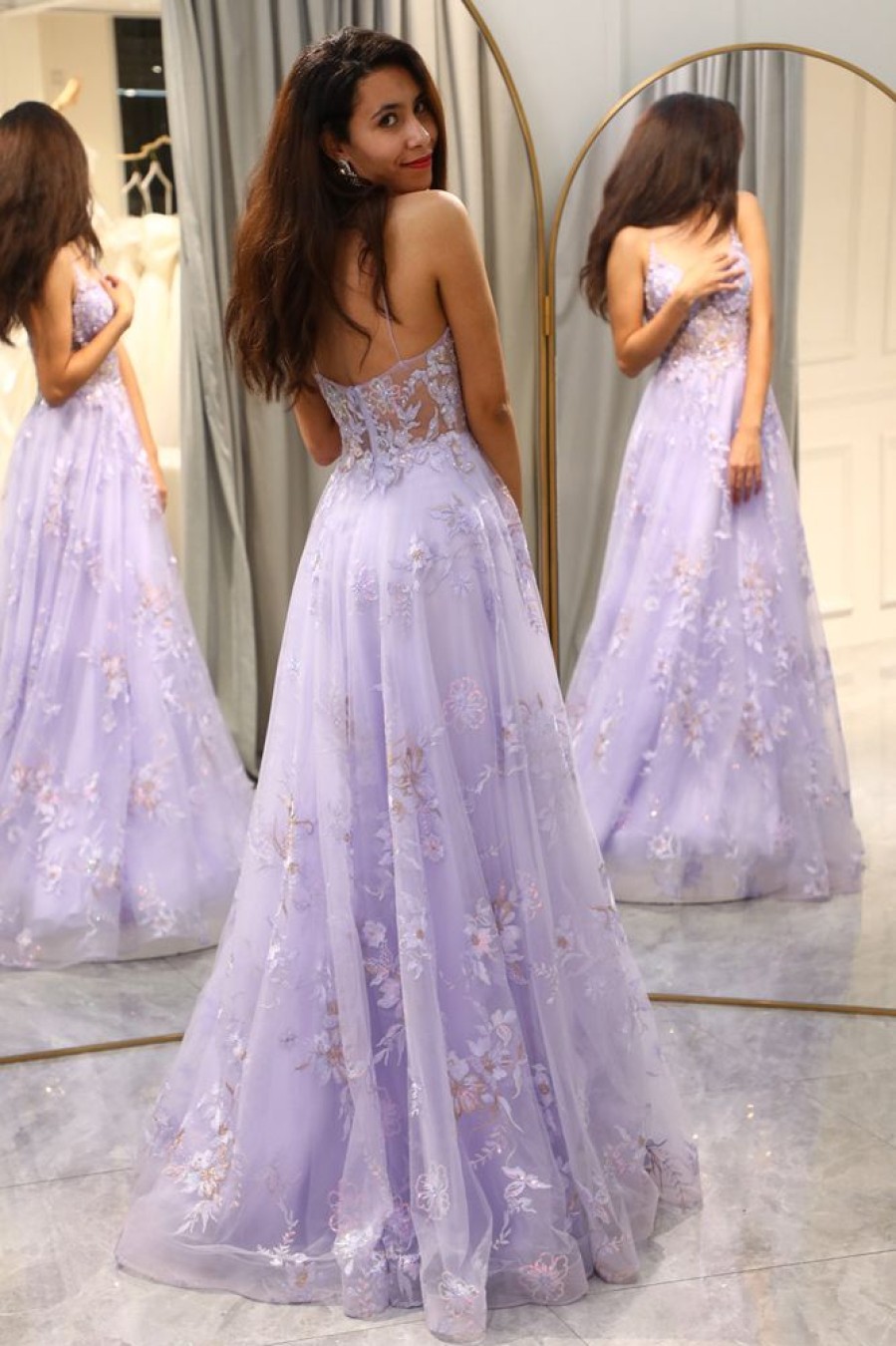 Homrain Elegant A Line Tulle Long Appliqued Prom Dress | Purple Prom Dresses