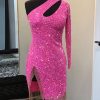 Homrain Sparkly Hot Pink Sequin Beaded Cut Out Tight Short Homecoming Dress With Fringes | Pink Hoco Dresses