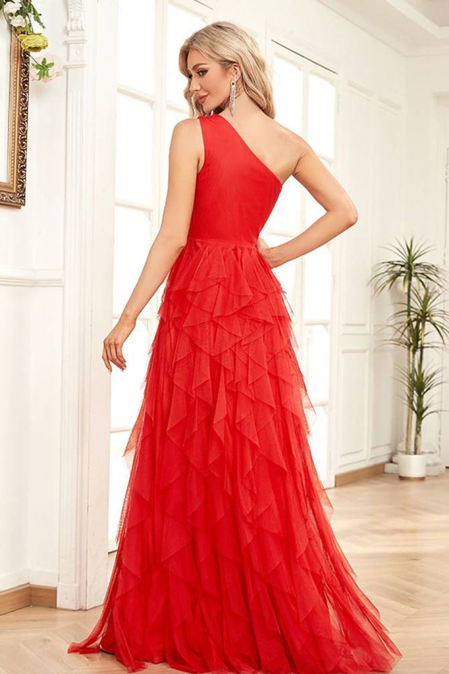 Homrain Bright Tulle Long Tie Prom Dress | Red Prom Dresses