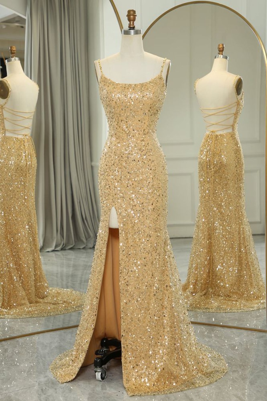 Homrain Sparkly Mermaid Backless Long Prom Dress With Slit | Gold Prom Dresses