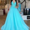 Homrain Tulle Deep V-Neck Long Prom Dress With Appliques | Blue Prom Dresses