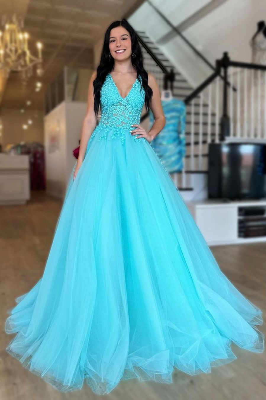 Homrain Tulle Deep V-Neck Long Prom Dress With Appliques | Blue Prom Dresses