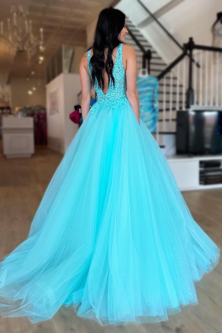 Homrain Tulle Deep V-Neck Long Prom Dress With Appliques | Blue Prom Dresses