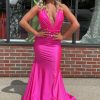 Homrain Mermaid Deep V Neck Hot Pinklong Prom Dress With Backless | Hot Pink Prom Dresses