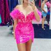 Homrain Sparkly Corset Sequins Tight Short Homecoming With Feathers | Pink Hoco Dresses