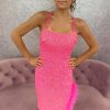 Homrain Sparkly Feathered Open Back Tight Short Homecoming Dress | Hot Pink Hoco Dresses