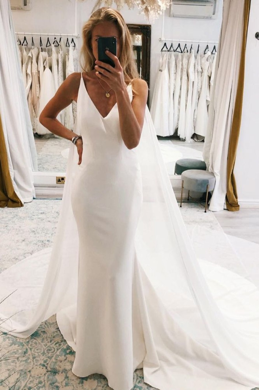 Homrain Simple White Watteau Train Boho Long Mermaid Wedding Dress | Simple Wedding Dresses