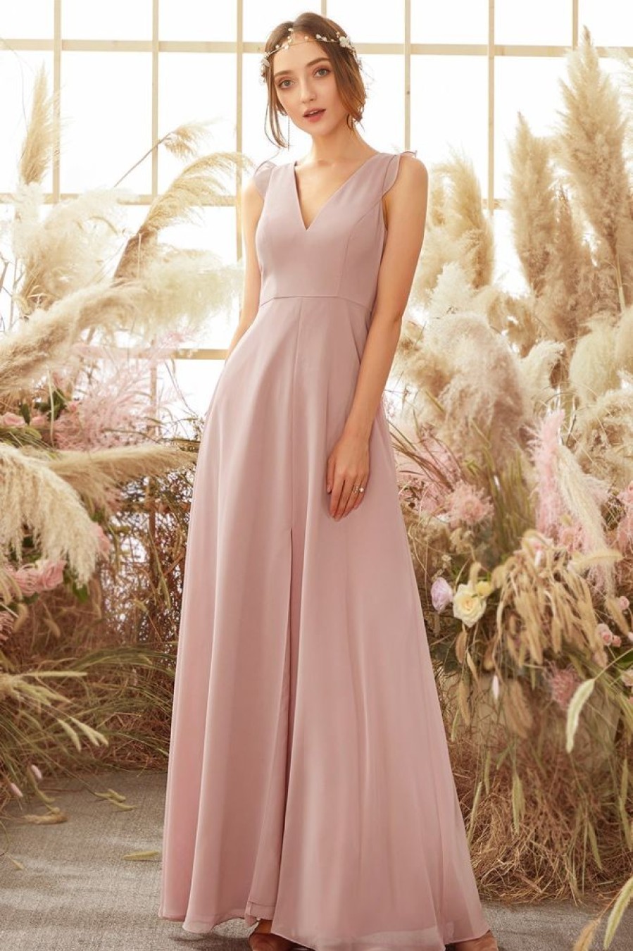 Homrain Blush Open Back Chiffon Bridesmaid Dress | Wedding Guest Dresses