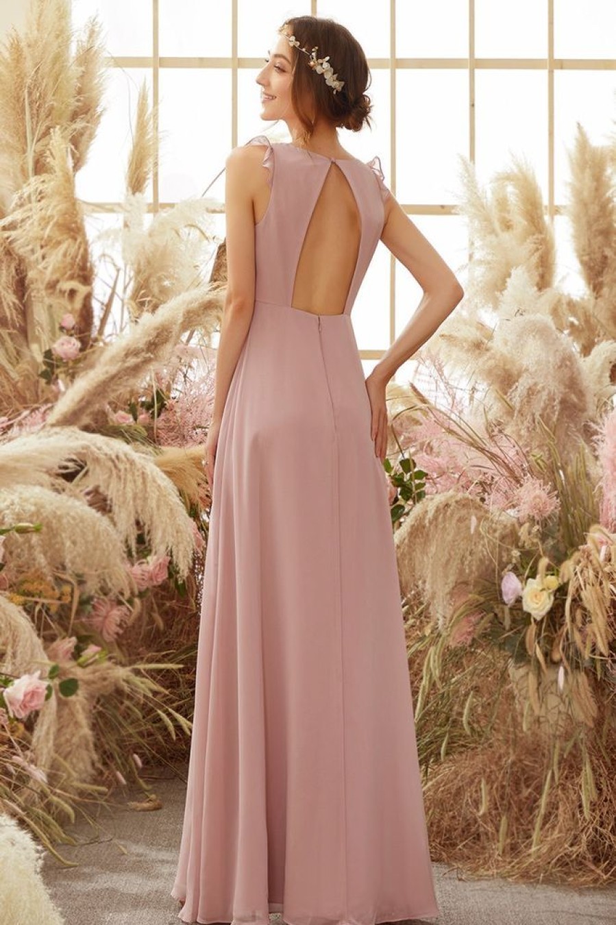 Homrain Blush Open Back Chiffon Bridesmaid Dress | Wedding Guest Dresses