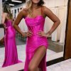 Homrain Hot Pink Spaghetti Straps Satin Mermaid Prom Dress With Slit | Hot Pink Prom Dresses