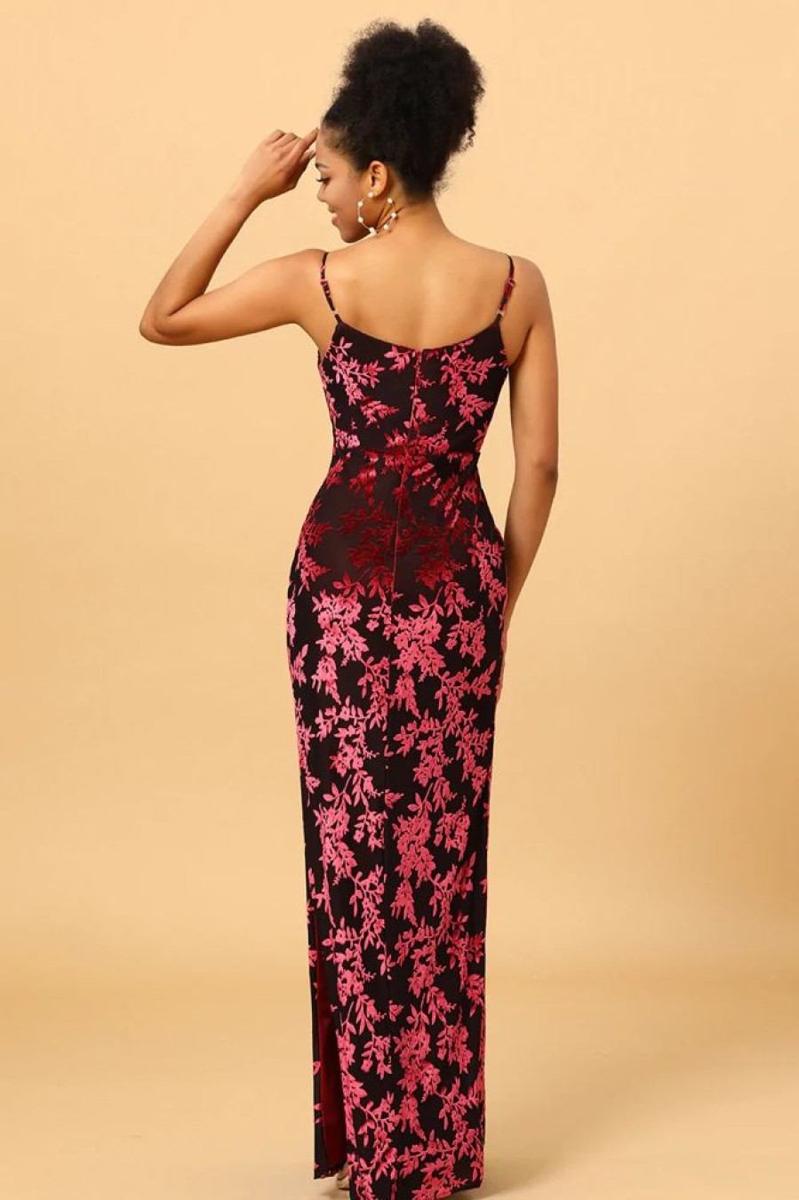 Homrain Sheath Spaghetti Straps Printed Velvet Long Prom Dress With Silt | Burgundy Bridesmaid Dress