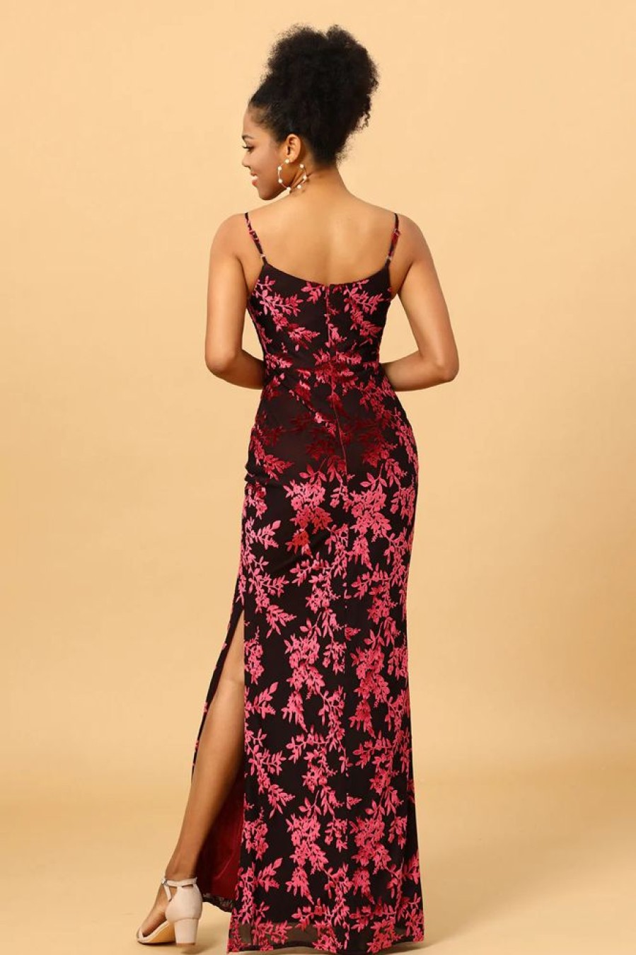 Homrain Sheath Spaghetti Straps Printed Velvet Long Prom Dress With Silt | Burgundy Bridesmaid Dress