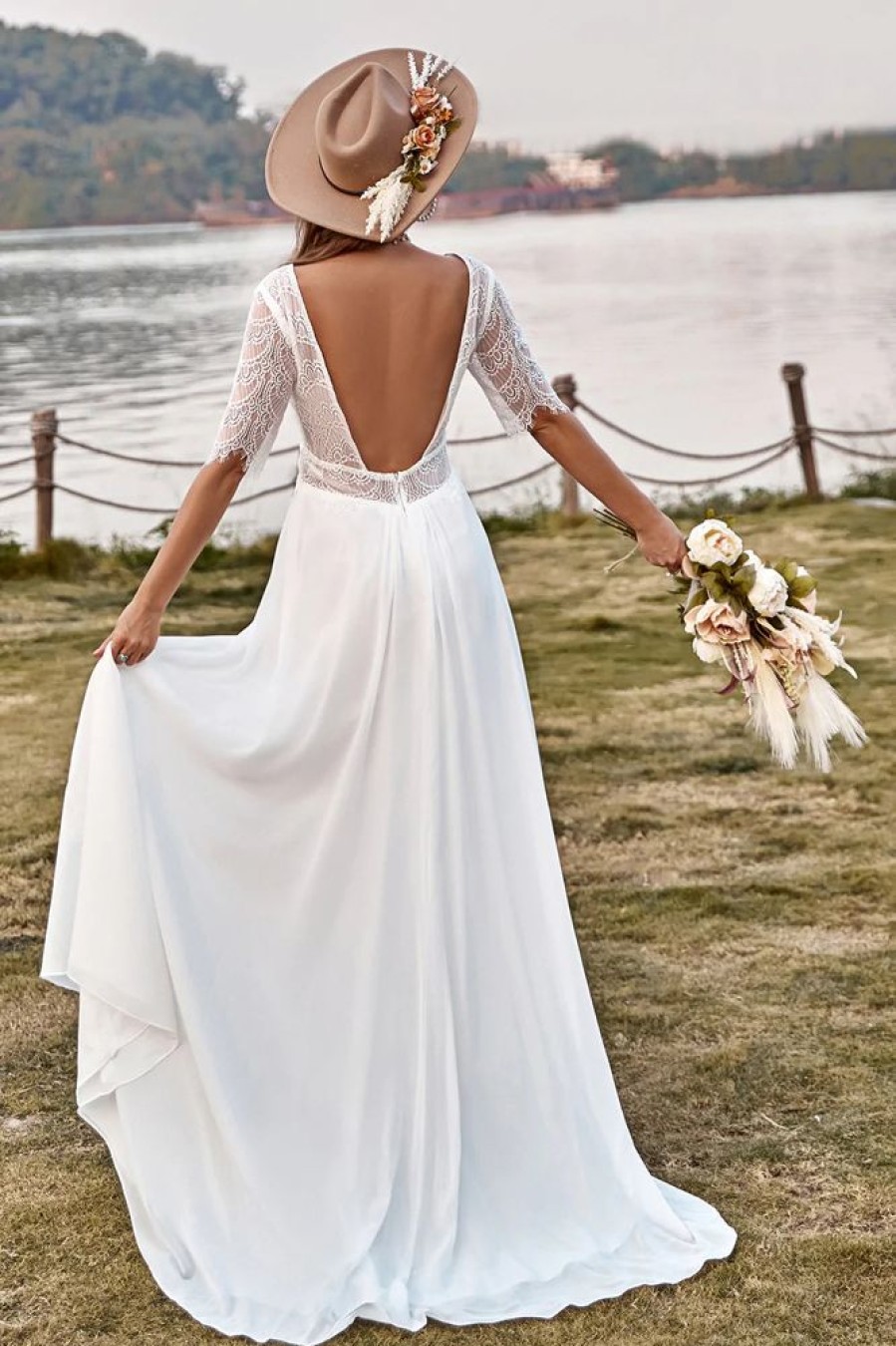 Homrain Lace Chiffon Half Sleeves Boho Wedding Dress With Slit | Beach Wedding Dresses