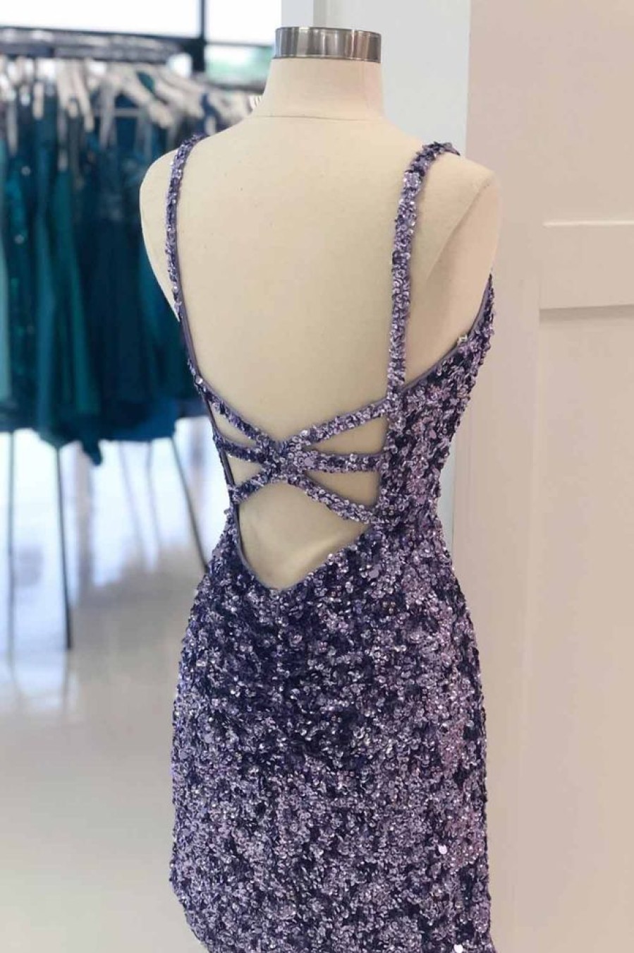 Homrain Sheath Spaghetti Straps Sequins Short Cocktail Dress | Purple Hoco Dresses