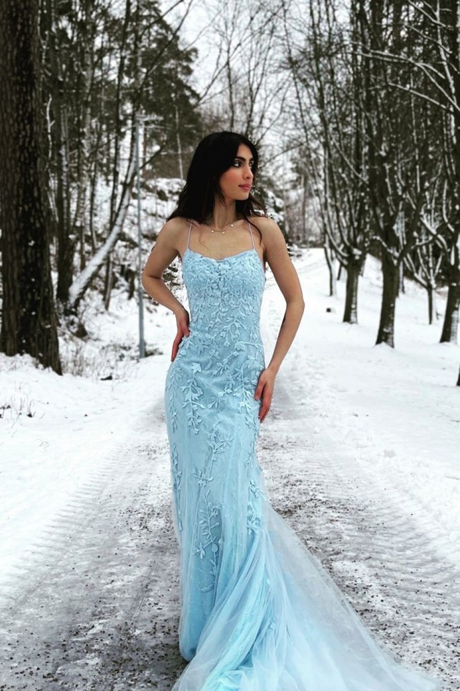 Homrain Mermaid Tulle Backless Long Prom Dress With Lace | Blue Prom Dresses