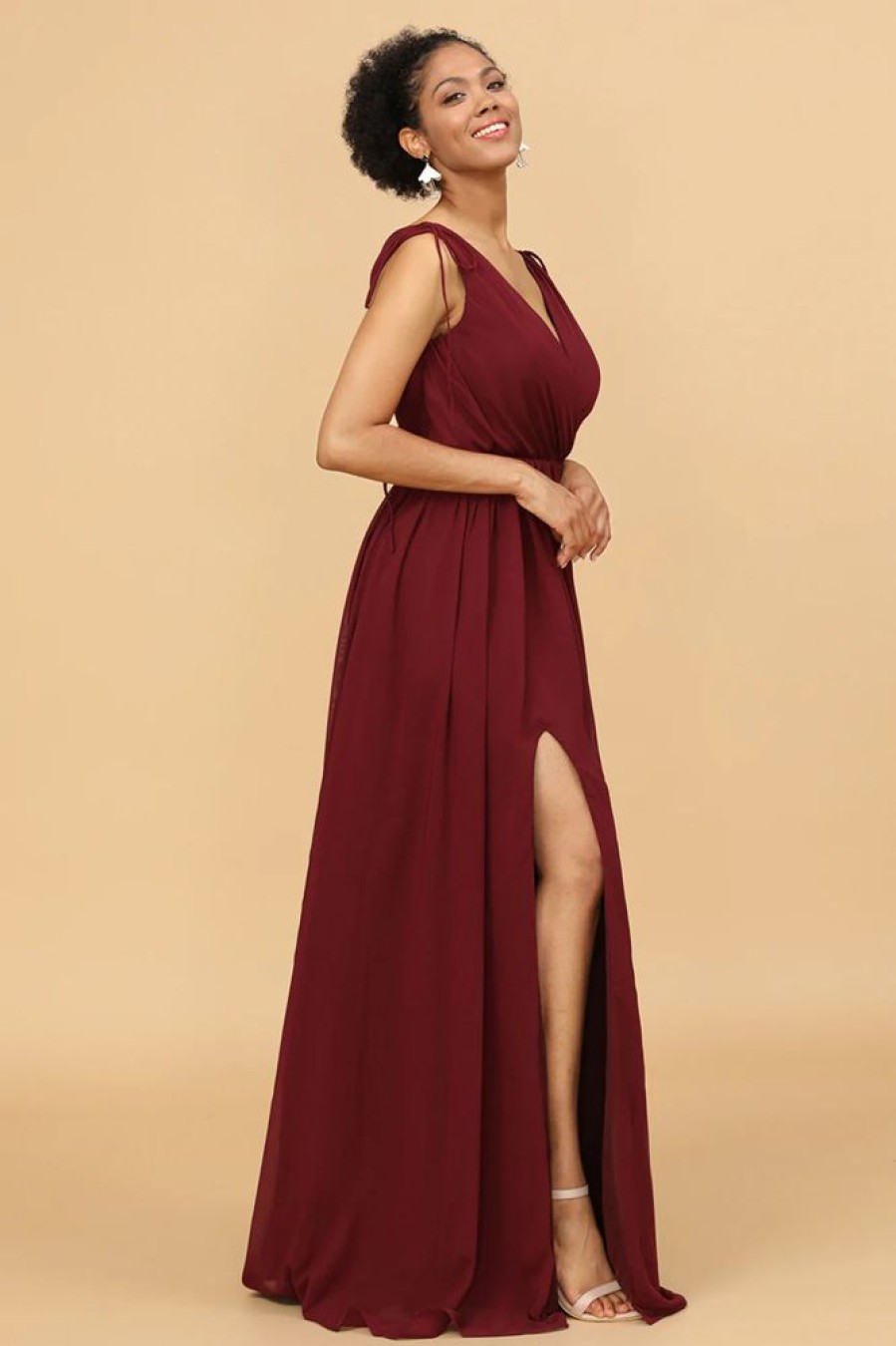 Homrain V-Neck Lace Up Bridesmaid Dress With Slit | Boho Bridesmaid Dresses