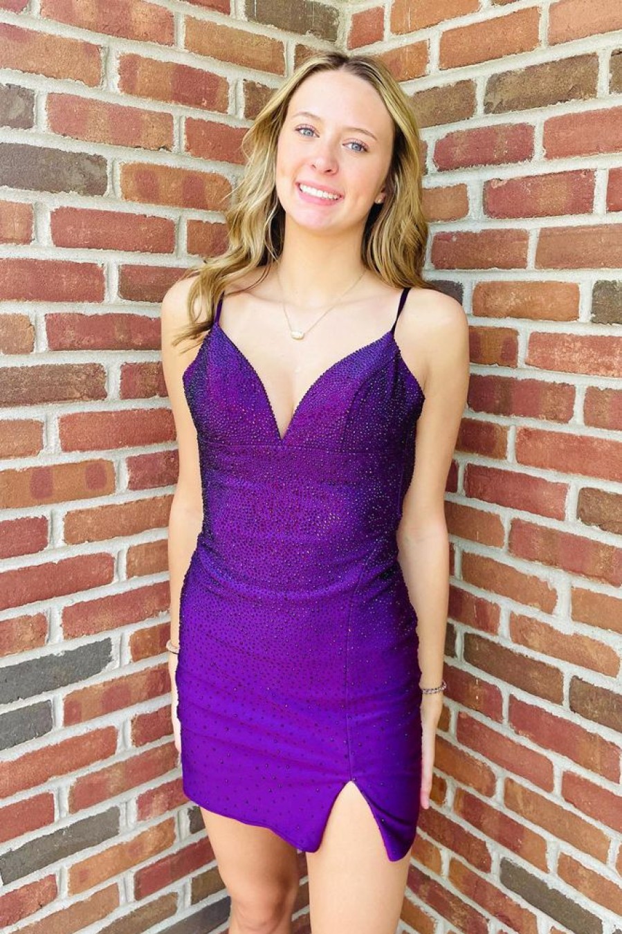 Homrain Sparkly Sequins Beaded Tight Short Homecoming Dress With Slit | Purple Hoco Dresses