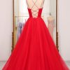 Homrain A Line Spaghetti Straps Long Prom Dress | Red Prom Dresses