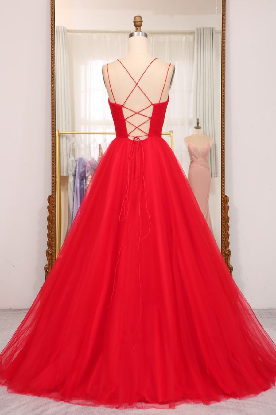 Homrain A Line Spaghetti Straps Long Prom Dress | Red Prom Dresses