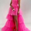 Homrain Stylish High Low Strapless Prom Dress With Ruffles | Hot Pink Hoco Dresses