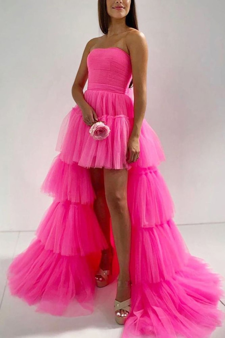 Homrain Stylish High Low Strapless Prom Dress With Ruffles | Hot Pink Hoco Dresses