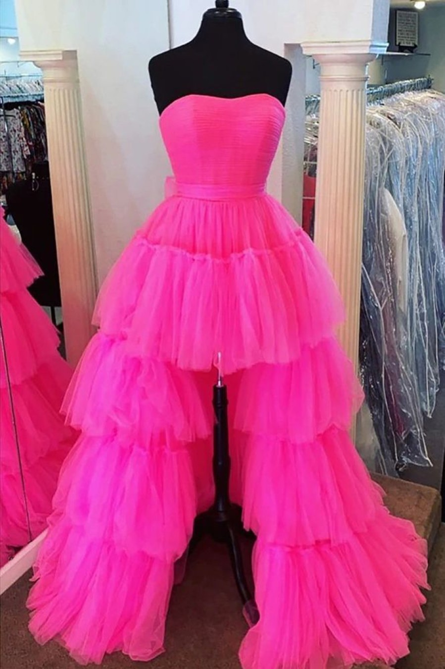 Homrain Stylish High Low Strapless Prom Dress With Ruffles | Hot Pink Hoco Dresses