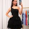 Homrain Glitter One Soulder Tie A-Line Lace Short Homecoming Dress | Black Prom Dresses