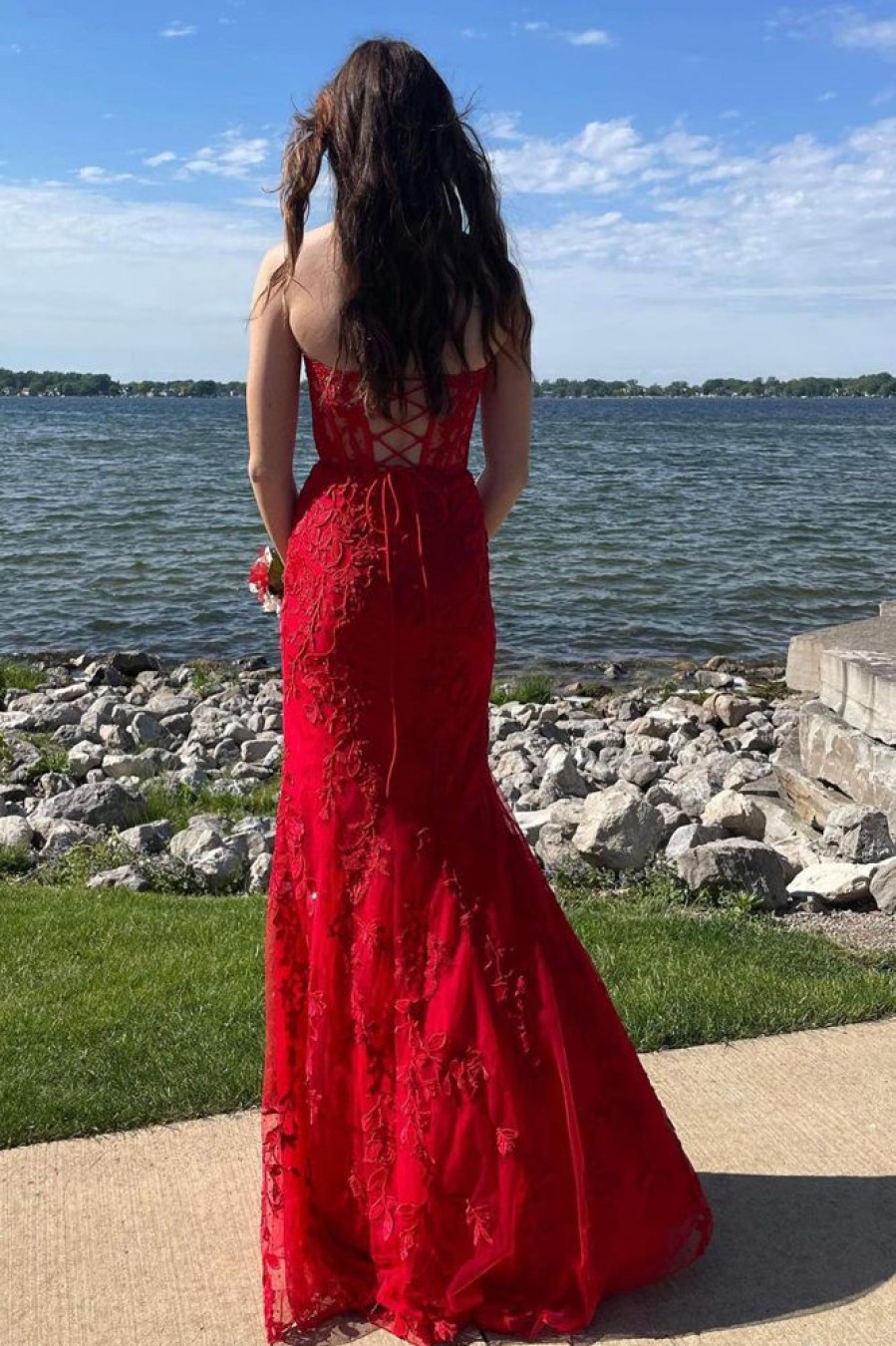 Homrain Sweetheart Lace-Up Long Mermaid Prom Dress With Appliques | Red Prom Dresses