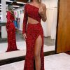 Homrain Sheath One Shoulder Sequins Long Prom Dress With Silt | Red Prom Dresses