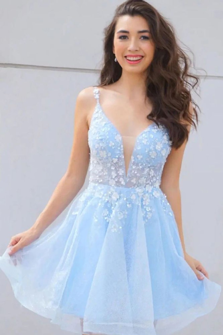 Homrain Cute A Line Deep V Neck Homecoming Dress With Appliques | Blue Hoco Dresses