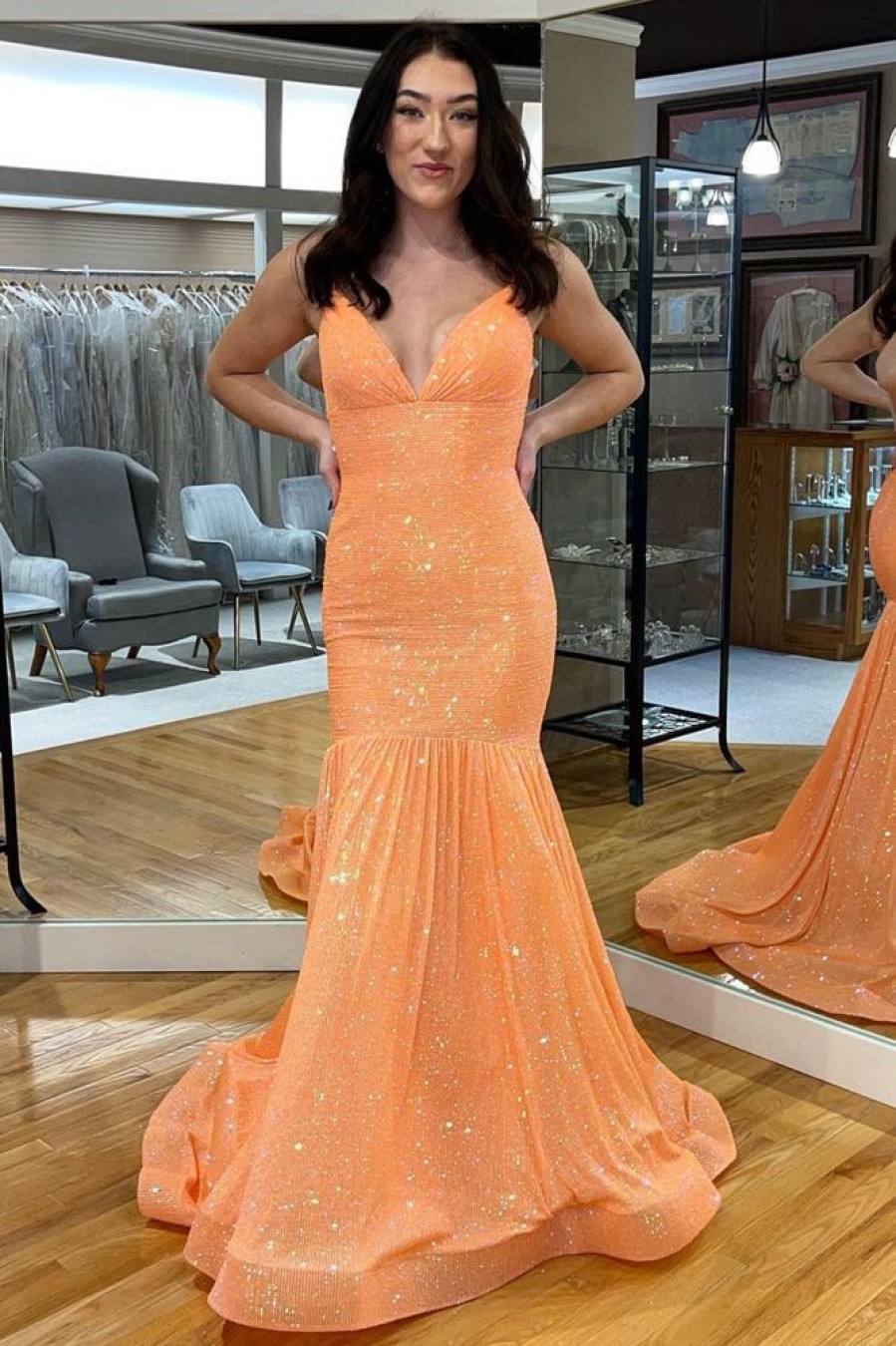 Homrain Backless Sequins Mermaid Prom Dress | Orange Prom Dresses