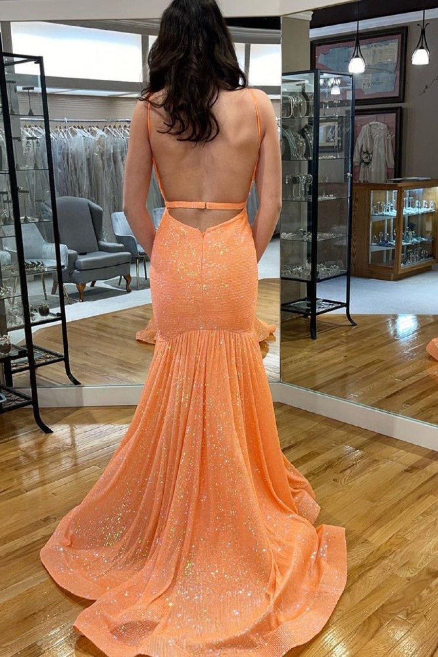 Homrain Backless Sequins Mermaid Prom Dress | Orange Prom Dresses