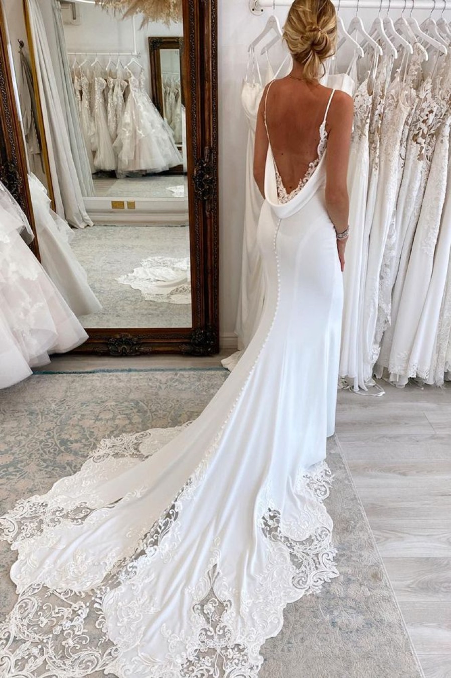 Homrain Spaghetti Straps Long Mermaid Boho Wedding Dress With Lace | Lace Wedding Dresses