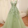 Homrain Tulle A Line Spaghetti Straps Long Prom Dress With Appliques | Green Prom Dresses