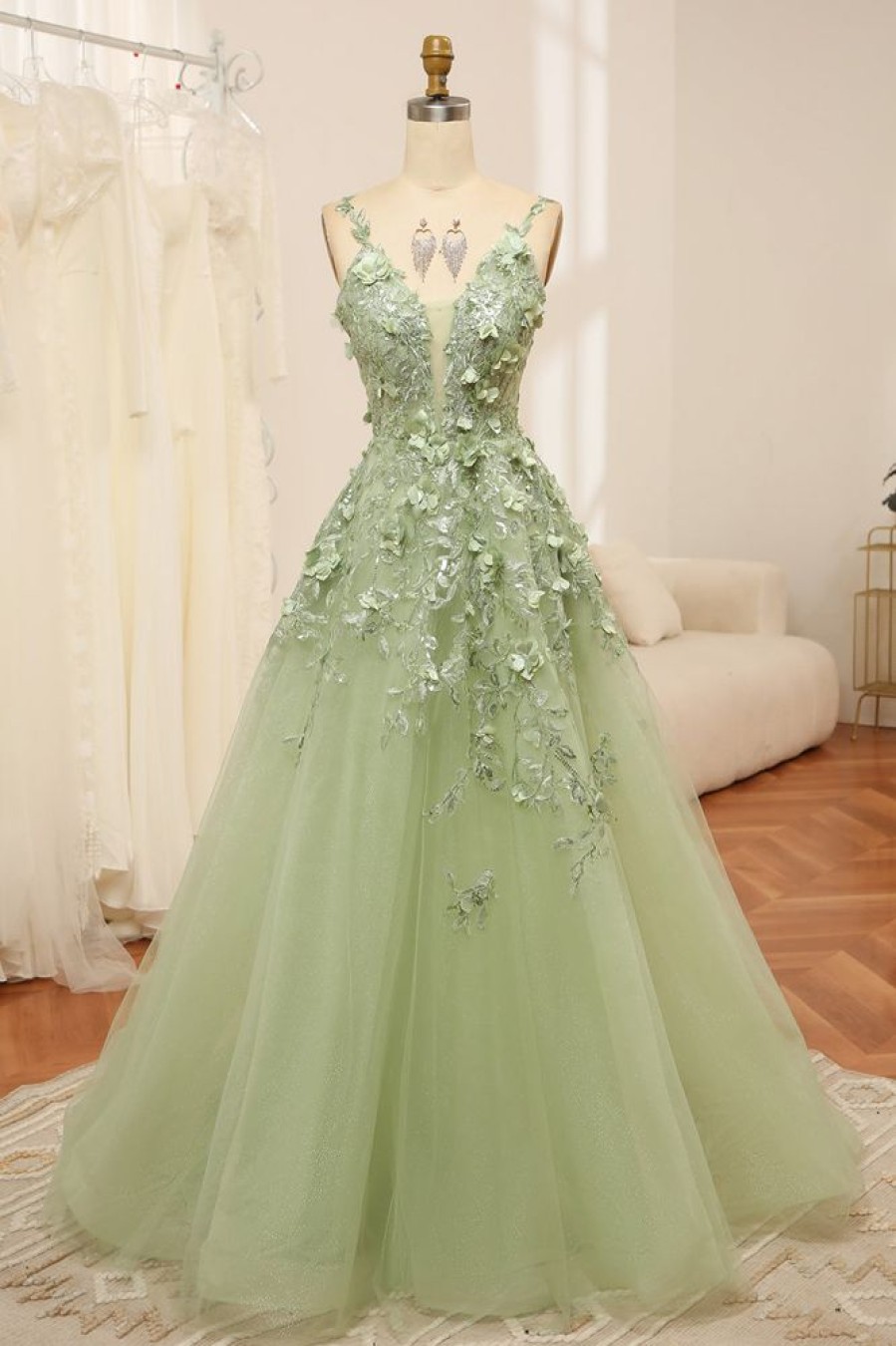 Homrain Tulle A Line Spaghetti Straps Long Prom Dress With Appliques | Green Prom Dresses