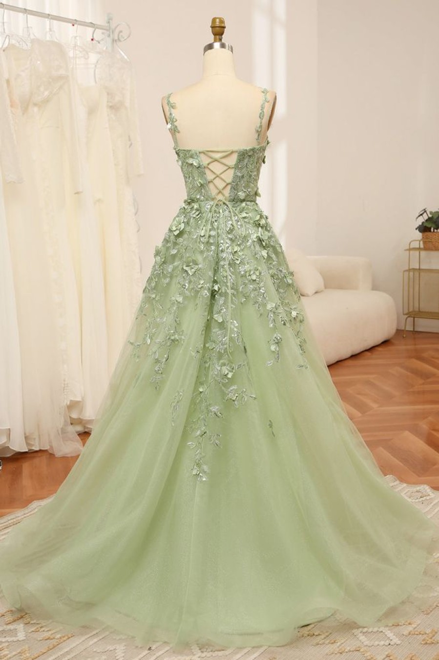 Homrain Tulle A Line Spaghetti Straps Long Prom Dress With Appliques | Green Prom Dresses