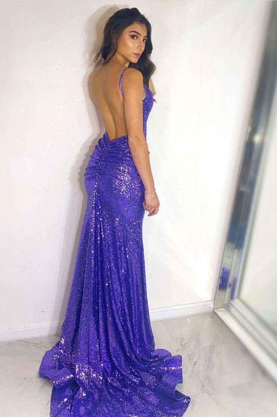 Homrain Backless Sequins Mermaid Prom Dress With Slit | Purple Prom Dresses